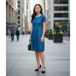 CYNTHIA ROWLEY Women's 12 Navy Blue Lace & Green Trim Short Sleeve Shift Dress